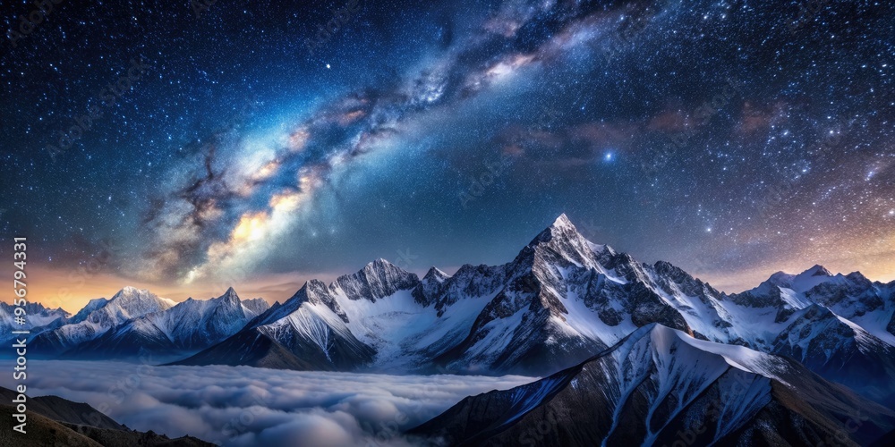 Silent mountain range under starry sky, Milky Way arching over snow-capped peaks, illuminated by moonlight , mountain Silent mountain range under starry sky, Milky Way arching over snow-capped peaks, illuminated by moonlight , mountain