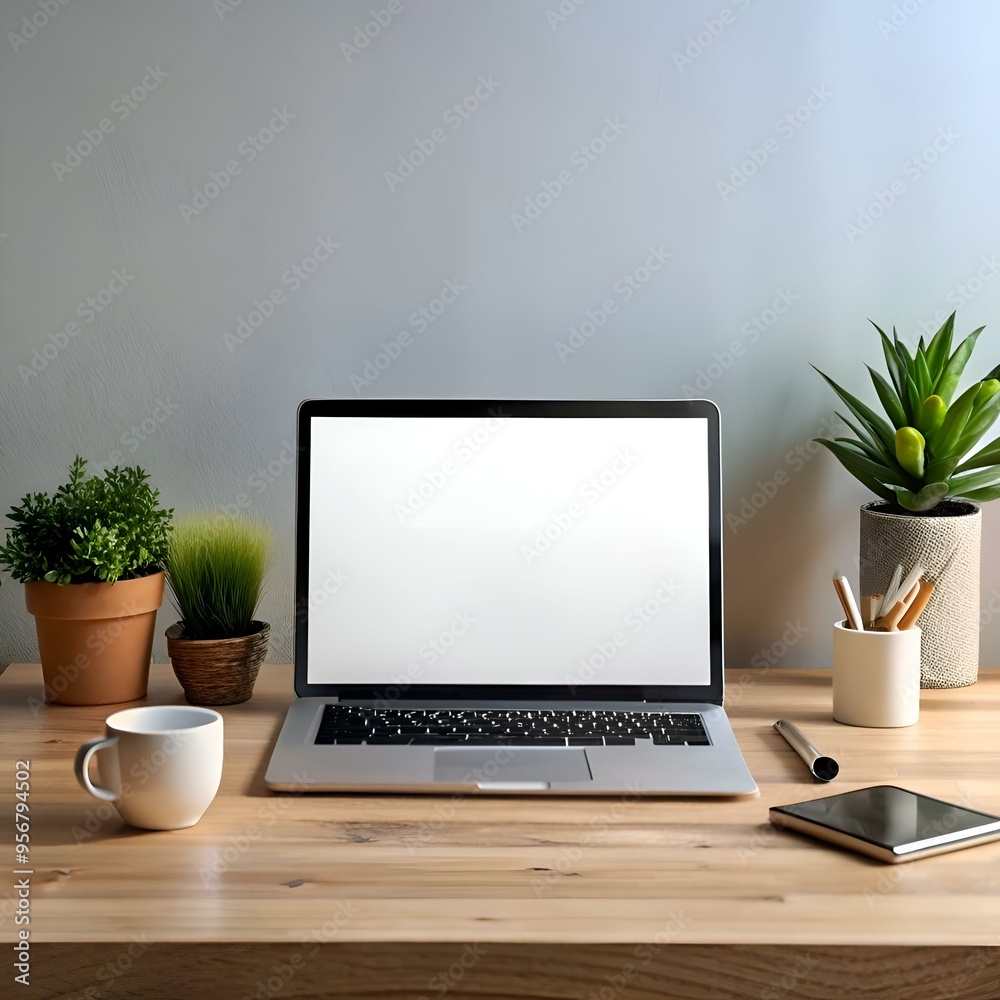 A clean and minimalist mockup of a laptop with a blank white screen on a wooden desk. A clean and minimalist mockup of a laptop with a blank white screen on a wooden desk.