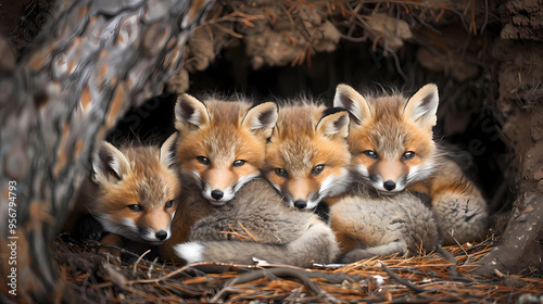 Tiny baby foxes cuddling together in a forest den