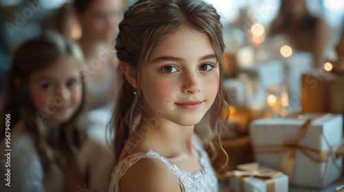 A young girl smiles during her Bat Mitzvah celebration surrounded by family and friends, gifts, and warm lighting.