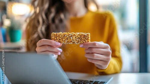 Close up of woman hands holding cereal snack bar working on laptop at home office. healthy breakfast.