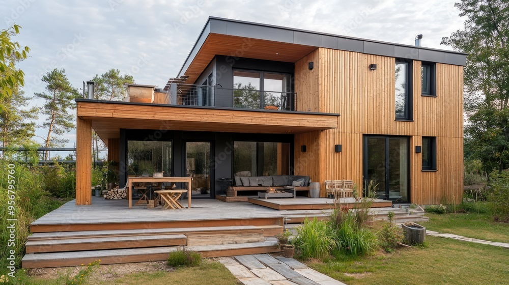 Beautiful modern wooden house featuring a loft-style exterior, a cozy terrace, and an outdoor sauna. Perfect for architectural and lifestyle themes. Beautiful modern wooden house featuring a loft-style exterior, a cozy terrace, and an outdoor sauna. Perfect for architectural and lifestyle themes.
