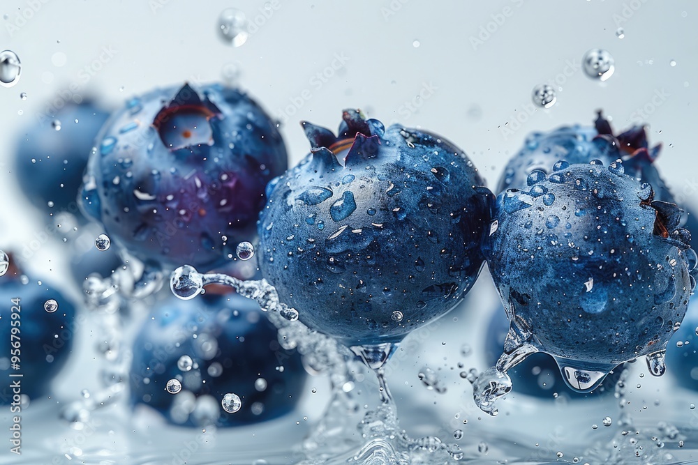 Falling Blueberry isolated on white background, full depth of field, water drops Falling Blueberry isolated on white background, full depth of field, water drops