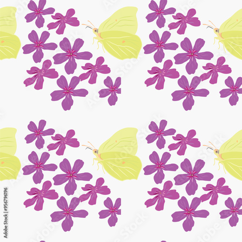 Vector illustration with yellow butterflies and pink flowers
