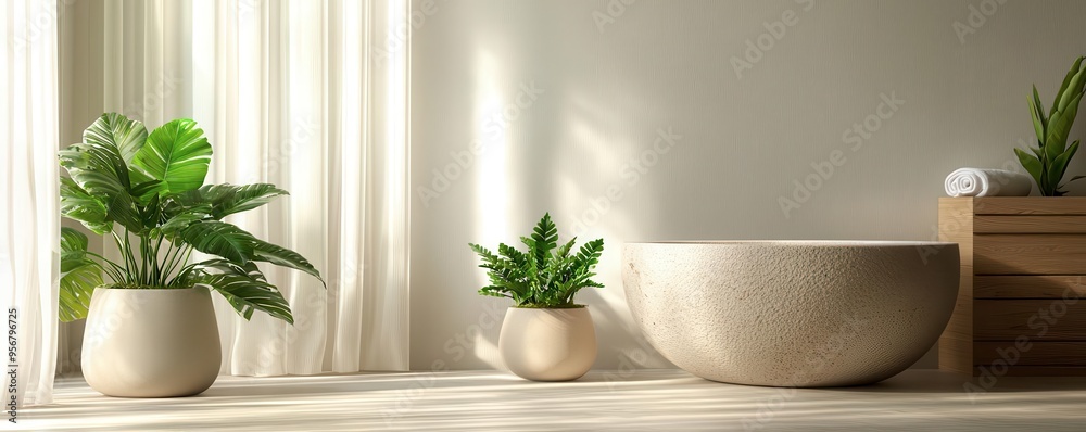 Spa setting with warm daylight streaming through sheer curtains, illuminating a stone bath, lush plants, and wooden accents, evoking harmony, wide-angle shot Spa setting with warm daylight streaming through sheer curtains, illuminating a stone bath, lush plants, and wooden accents, evoking harmony, wide-angle shot