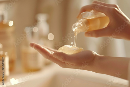 Woman pouring lotion into hand, close-up, part of photo