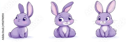 Cute purple cartoon rabbit trio in doodle style on white background