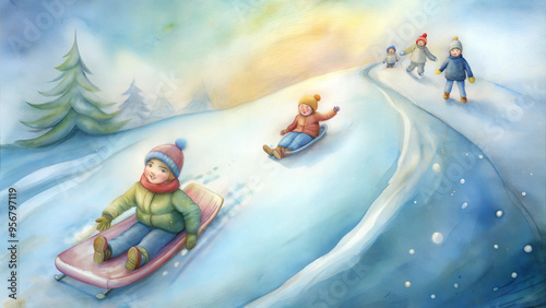 Watercolor illustration of children sledding down a snowy hill in winter 