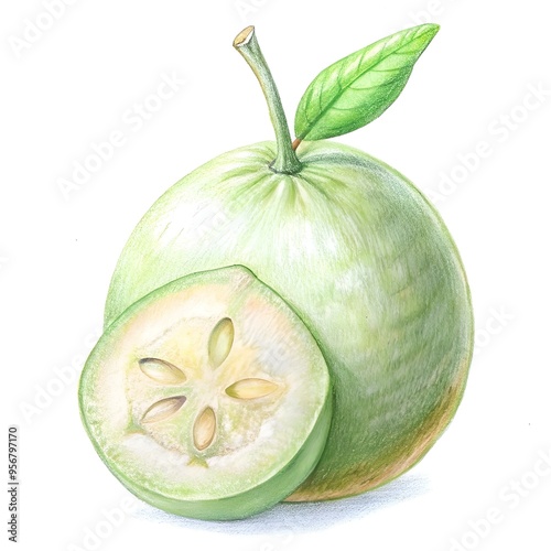 A detailed pencil illustration of a whole feijoa fruit with a slice showing its unique interior.