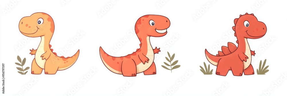 Fototapeta premium Charming red cartoon dinosaurs in doodle style on a white isolated background