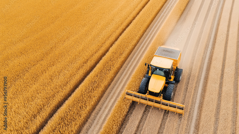 Aerial view of a yellow combine harvester working in a golden wheat field, creating neat rows and a dust trail while cutting and collecting the wheat. Aerial view of a yellow combine harvester working in a golden wheat field, creating neat rows and a dust trail while cutting and collecting the wheat.