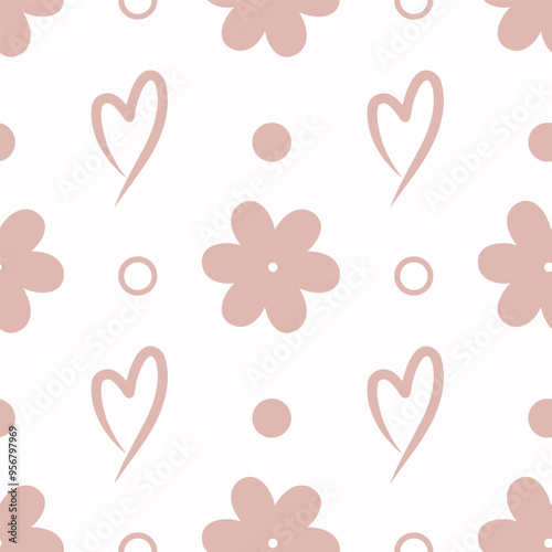 Vector illustration with pink flowers and hearts