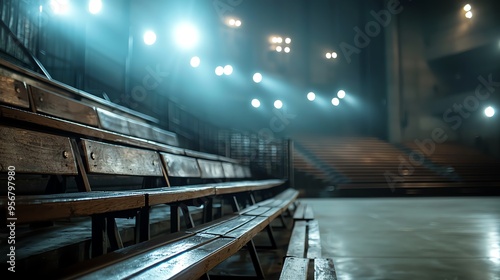 Floodlights casting geometric patterns on empty bleachers  cool blue tones  abstract architectural focus