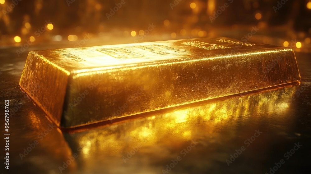 A gleaming gold bar resting on a reflective surface, symbolizing wealth and luxury in a vibrant, illuminated setting. A gleaming gold bar resting on a reflective surface, symbolizing wealth and luxury in a vibrant, illuminated setting.