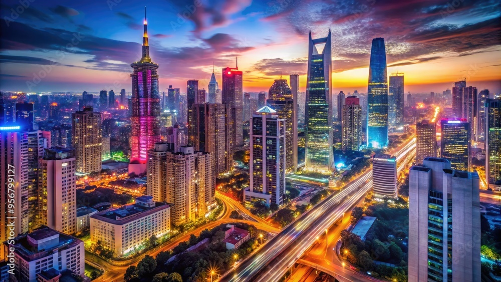 Fototapeta premium A 24-hour cityscape with bright neon lights, bustling streets, and towering skyscrapers, conveying a sense of perpetual energy and constant activity day and night.