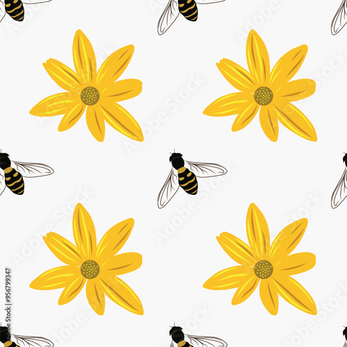 Vector illustration with yellow flower and bees