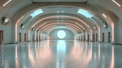 Stadium interior with a halflit dome, gradient light from pink to blue, architectural elegance emphasized