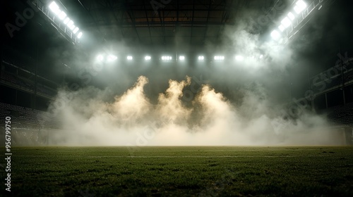 Stadium under dense fog, only upper lights and structures visible, creating a mysterious, floating effect