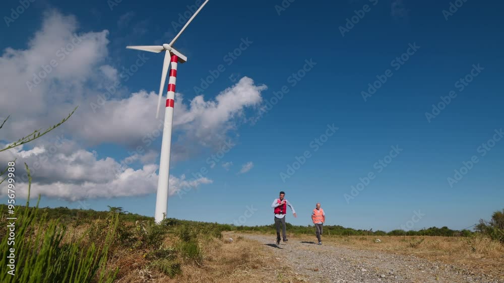 Engineers escape under wind turbines