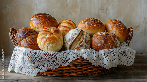 Wicker basket with pastry bread from wheat, whole grain and rye, bakery food, bun on the table, arranged with a white lace cloth underneath.