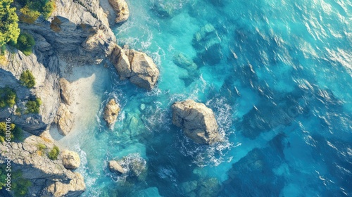 Bird-eye view of a picturesque sea coast with rocky cliffs and serene blue waters, ideal for vacation-themed cards or wallpapers