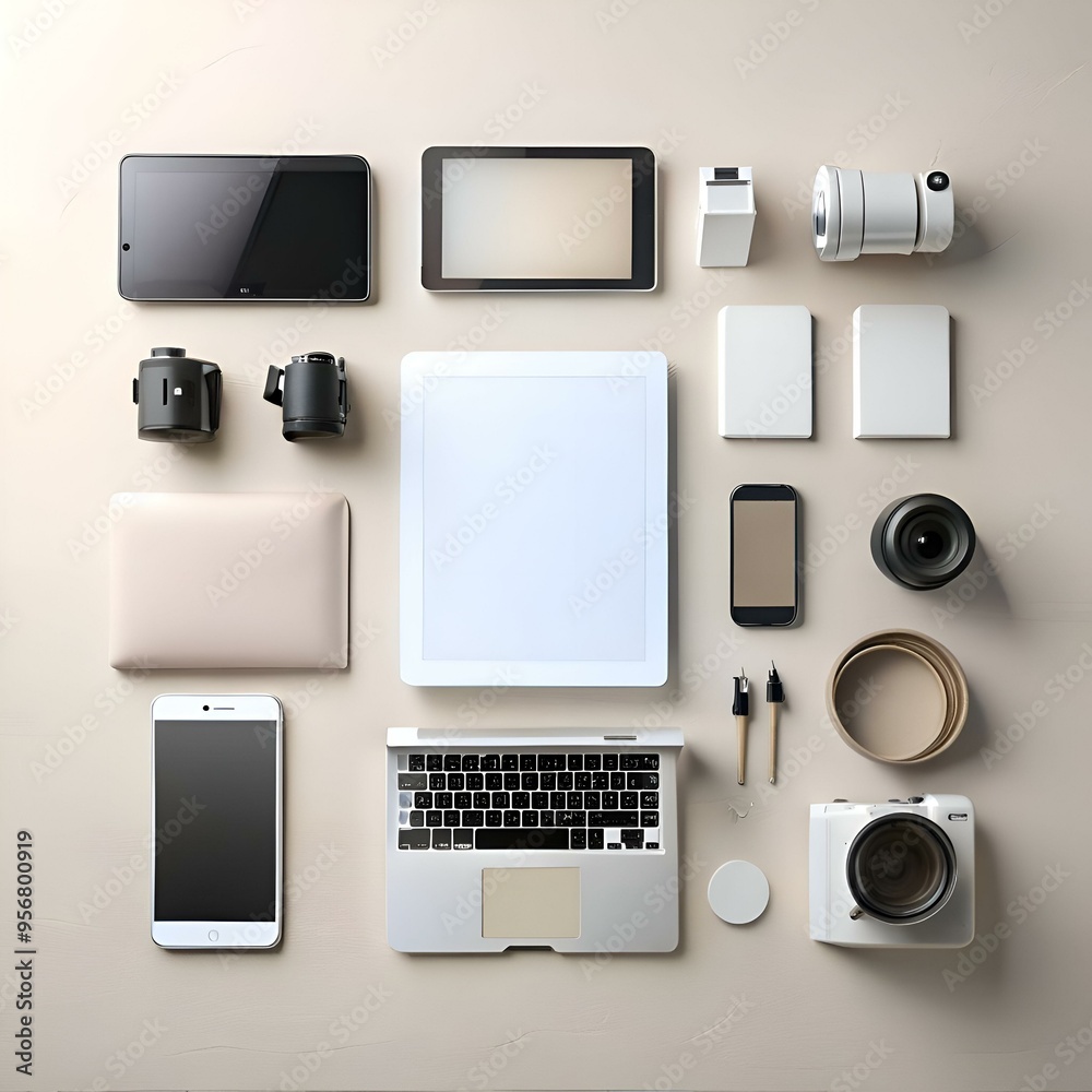 A minimalist flat lay featuring modern tech gadgets and accessories on a beige background. A minimalist flat lay featuring modern tech gadgets and accessories on a beige background.