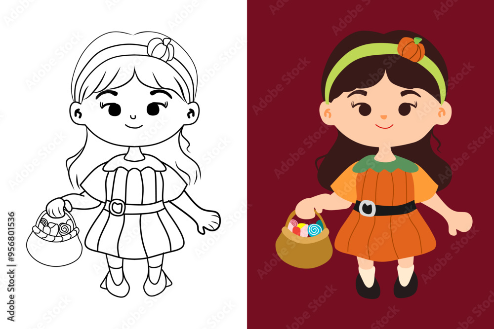 cartoon of a cute little girl in a pumpkin costume holding a basket of candy cartoon of a cute little girl in a pumpkin costume holding a basket of candy