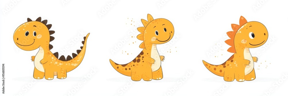 Adorable yellow cartoon dinosaurs in playful doodle style on a white background Adorable yellow cartoon dinosaurs in playful doodle style on a white background