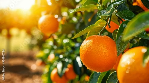 Ripe orange citrus is hanging from a tree in the morning light.