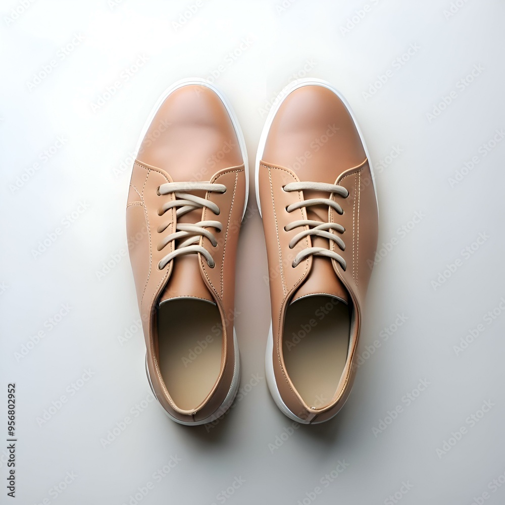 A top down view of a pair of stylish. light brown leather sneakers with white laces. A top down view of a pair of stylish. light brown leather sneakers with white laces.