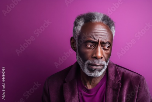 Magenta background sad black american independent powerful man. Portrait of older mid-aged person beautiful bad mood expression isolated on background 