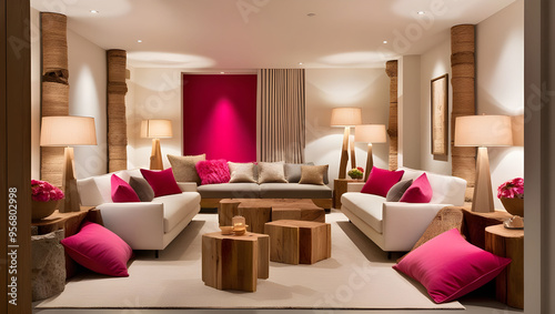 Throw pillows and rugs in a 3D room in complementary colors bring a sense of comfort and texture. The stylish space is illuminated by a combination of unique, sculptural table lamps and floor lamps.