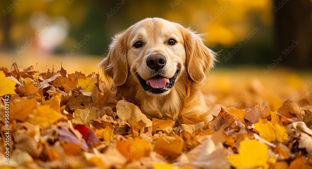 Golden Retriever Dog Playing in Autumn Leaves, AI generated illustration Golden Retriever Dog Playing in Autumn Leaves, AI generated illustration