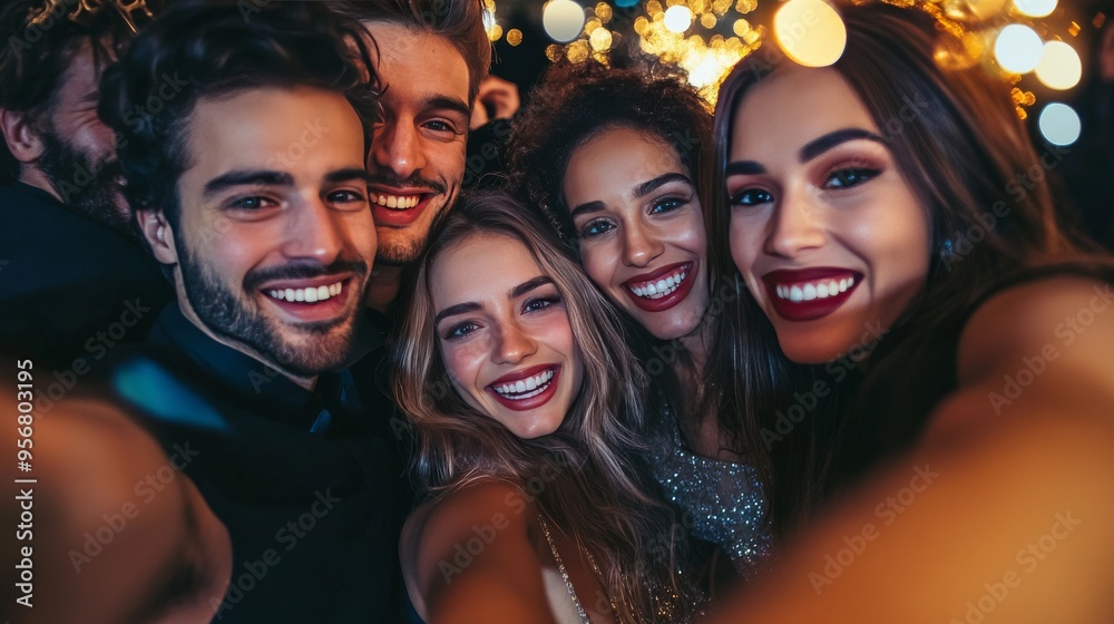 Group of friends taking a selfie at a New Years Eve party, all dressed up and smiling brightly Group of friends taking a selfie at a New Years Eve party, all dressed up and smiling brightly