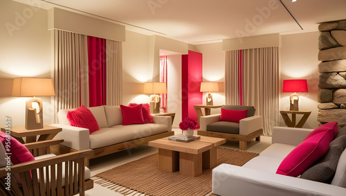 Throw pillows and rugs in a 3D room in complementary colors bring a sense of comfort and texture. The stylish space is illuminated by a combination of unique, sculptural table lamps and floor lamps.