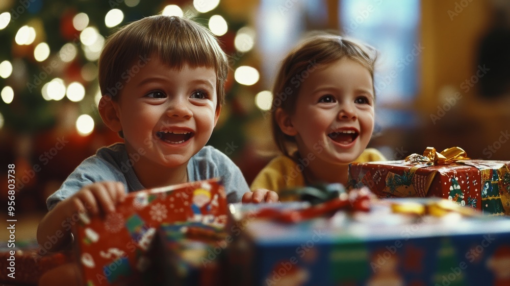 Happy children opening presents on New Years morning, surrounded by wrapping paper and joy