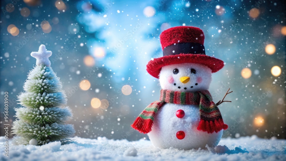 A charming snowman wears a vibrant red top hat adorned with white pom-poms, standing alone in a serene winter wonderland surrounded by snowflakes. A charming snowman wears a vibrant red top hat adorned with white pom-poms, standing alone in a serene winter wonderland surrounded by snowflakes.