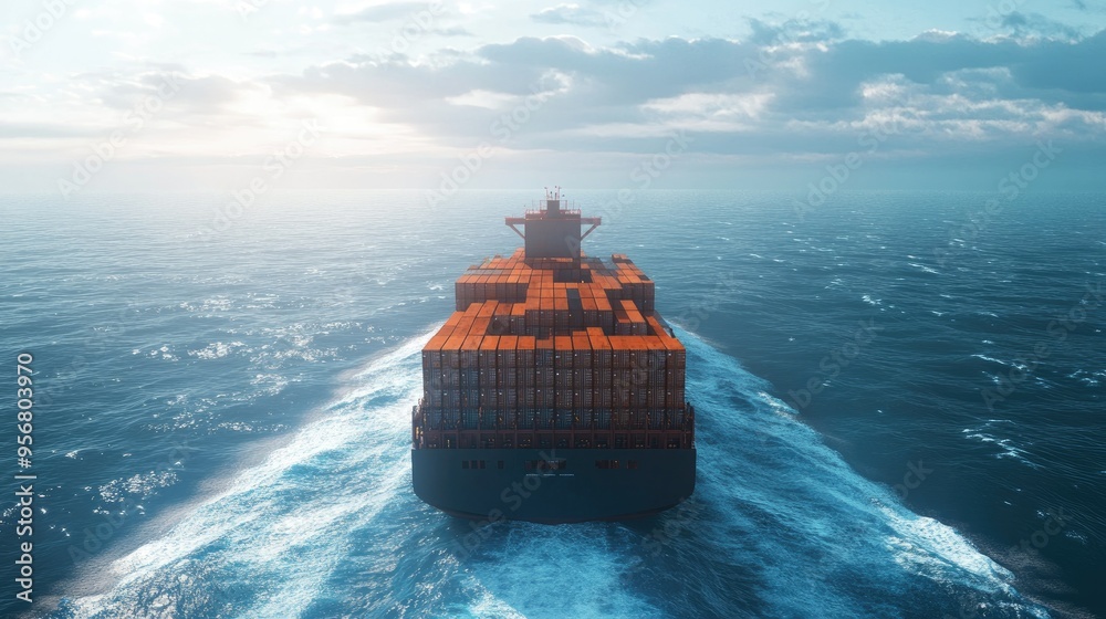 custom made wallpaper toronto digitalCargo container ship seen from behind, moving through the ocean towards a deep sea port. Focuses on logistics, sea freight, and the large volume of containers being transported.