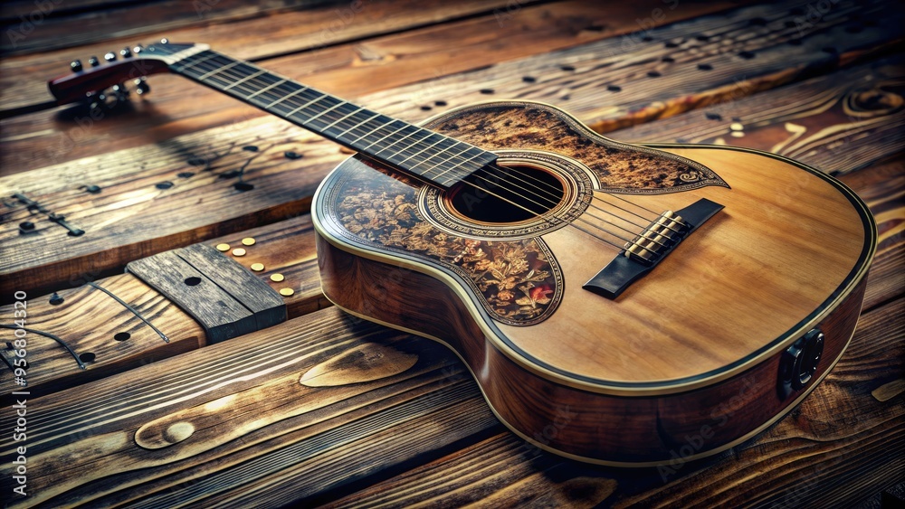 Fototapeta premium A close-up of a beautifully crafted acoustic guitar with intricate inlays and strings, positioned on a rustic wooden table, surrounded by scattered music sheets.