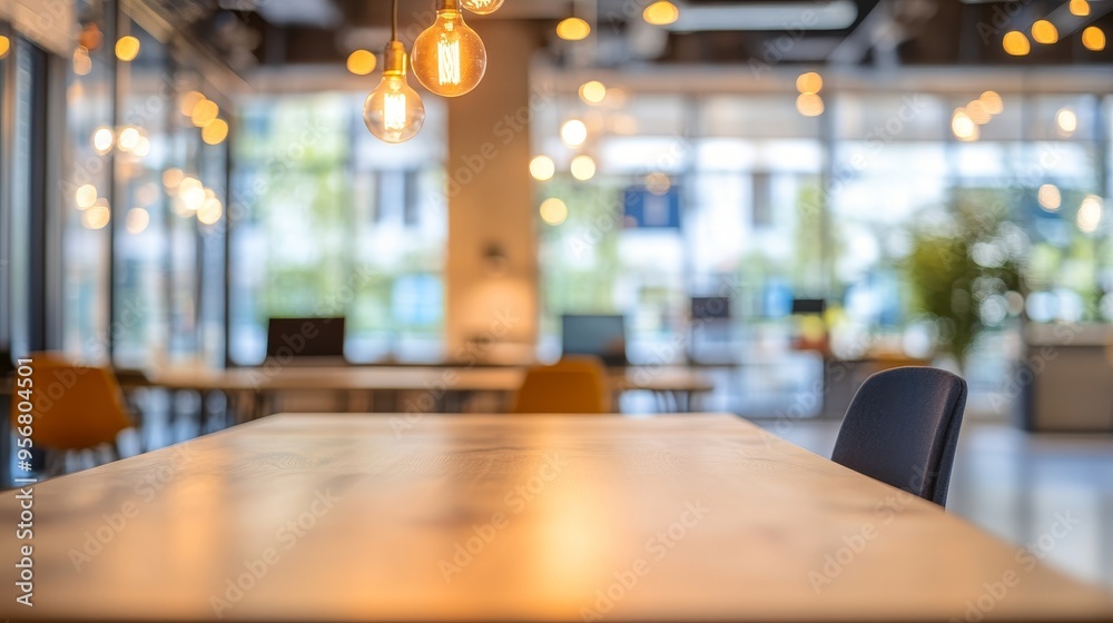 A modern office space featuring a wooden table, stylish light fixtures, and a bright, inviting atmosphere.