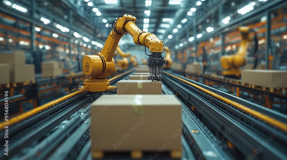 custom made wallpaper toronto digitalYellow Robotic Arms Moving Boxes Along Conveyor Belt in Industrial Factory, AI generated illustration