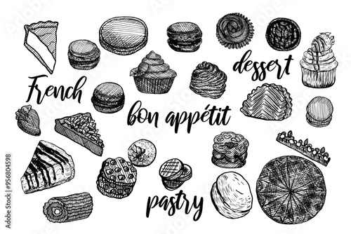 Set hand drawn sweet dessert food. French Bakery pastry collection with traditional clip art bundle. Vintage vector illustration.