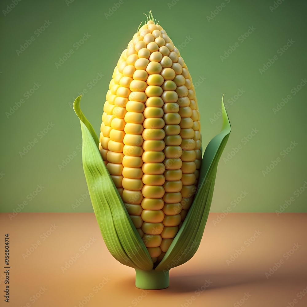 Obraz premium A vibrant 3D illustration of a sweet corn cob. showcasing its golden kernels and fresh green husks.