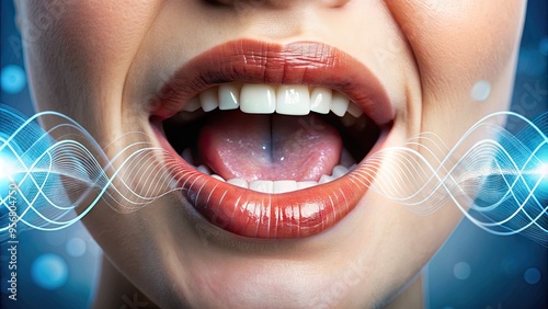 A close-up of a person's mouth speaking, with sound waves and speech bubbles surrounding, conveying the power of effective communication and verbal expression. photo