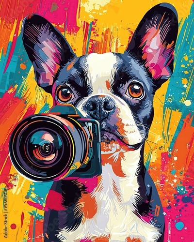 Petfluencer A vibrant, artistic illustration of a dog holding a camera, capturing the essence of creativity and playfulness. pet idol ,pet star photo