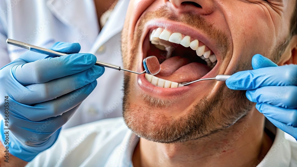A close-up shot of a dentist's hands gently measuring and examining a patient's gums with a periodontal probe, emphasizing gum lengthening and periodontal care. A close-up shot of a dentist's hands gently measuring and examining a patient's gums with a periodontal probe, emphasizing gum lengthening and periodontal care.