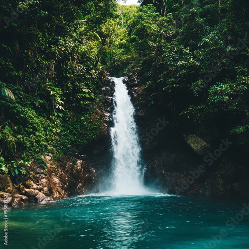 Lush green tropical rainforest waterfall with a clear blue water pool.