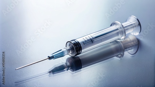 A close-up shot of a clear syringe filled with a dermal filler, ready for injection, against a clean white medical background with subtle lighting. photo