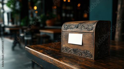 An ornate wooden suggestion box with intricate carvings placed on a polished wooden table in a cozy, dimly lit caf꧃ 漀爀 爀攀猀琀愀甀爀愀渀琀 猀攀琀琀椀渀最⸀ photo