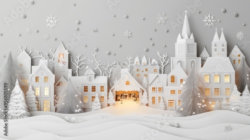 Beautiful paper art Christmas village with a nativity scene at the center, surrounded by snow-covered trees and illuminated windows. Snowflakes gently fall in this serene and festive setting.